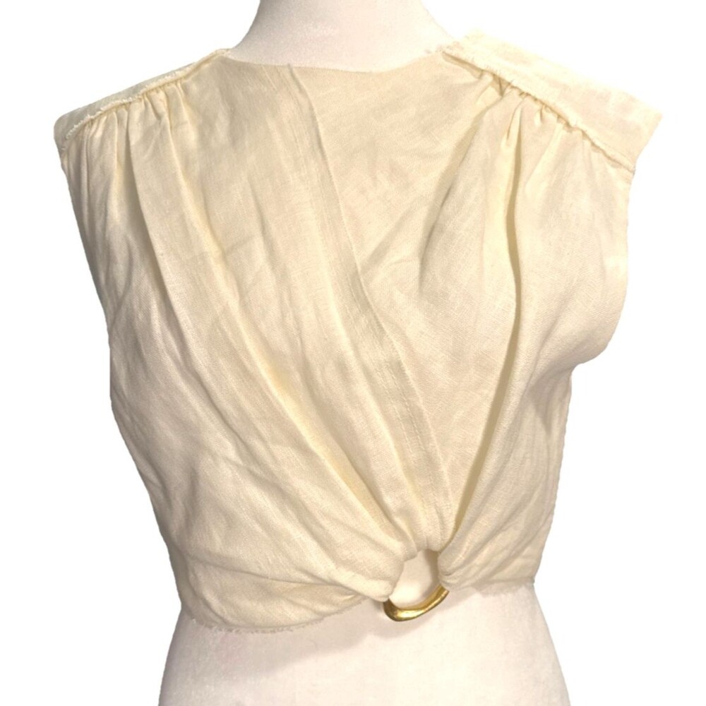 Aje. Byblos Ring-Embellished 100% Linen Crop Top Sz 8 Designer Quiet Luxury